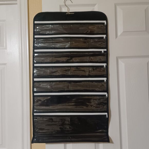 Black Hanging Jewelry Organizer w/ 47 Zippered Pockets - Picture 3 of 4